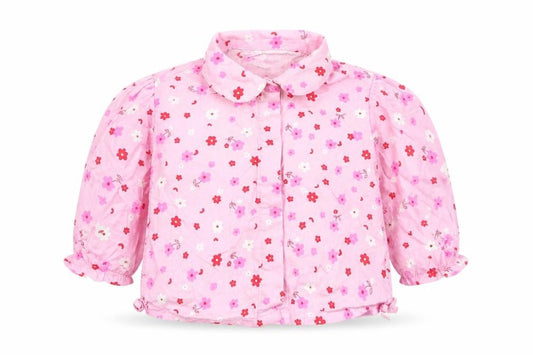 Front view of Adams girls’ pink floral cotton basic blouse, size 3-6, months collared