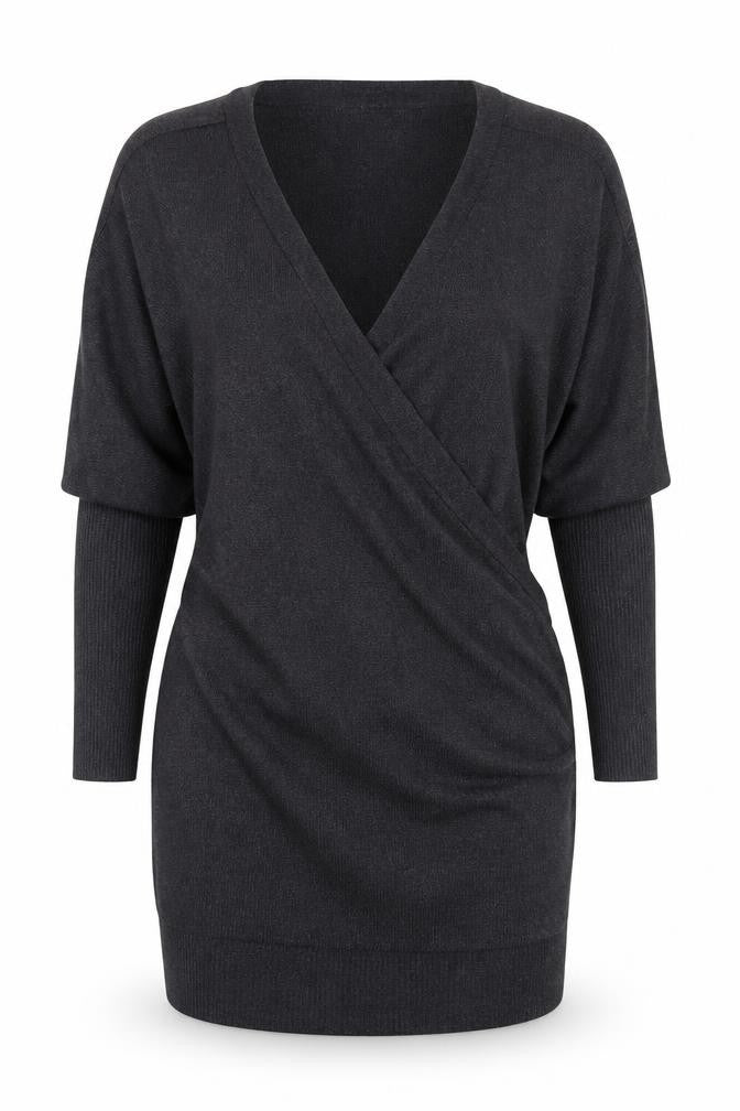Front view of women’s grey nylon bodycon, size UK 14, v-neck