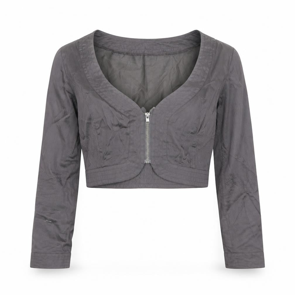 Front view of Jensen women’s grey round neck polyester cardigan jumper, size S