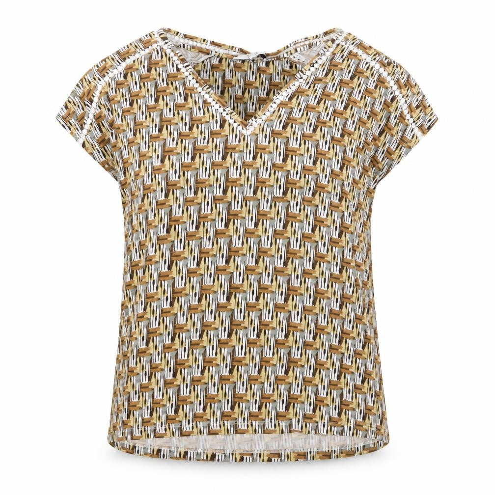 Front view of Next women’s yellow geometric viscose basic t-shirt, size UK 10, v-neck