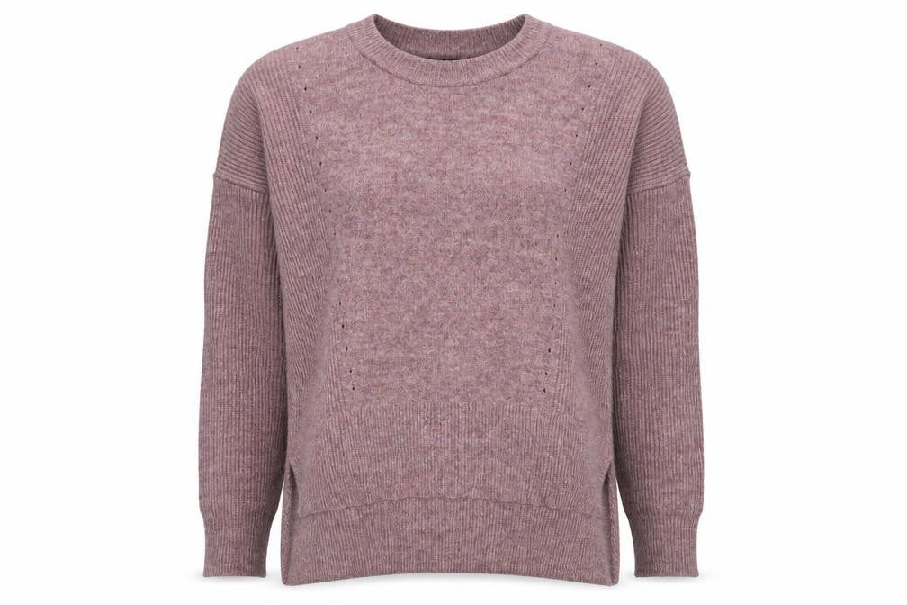 Front view of Topshop women’s pink round neck acrylic jumper, size UK 8