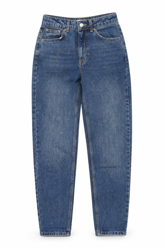 Front view of Topshop women’s blue polyester mom jeans, size UK 25, 29-inch leg regular zip