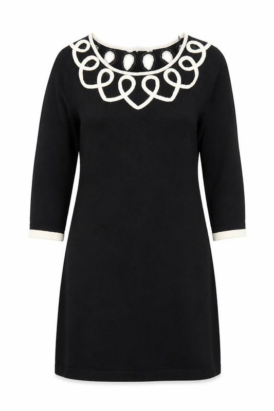Front view of Debenhams women’s black round neck acrylic tunic jumper, size UK 12