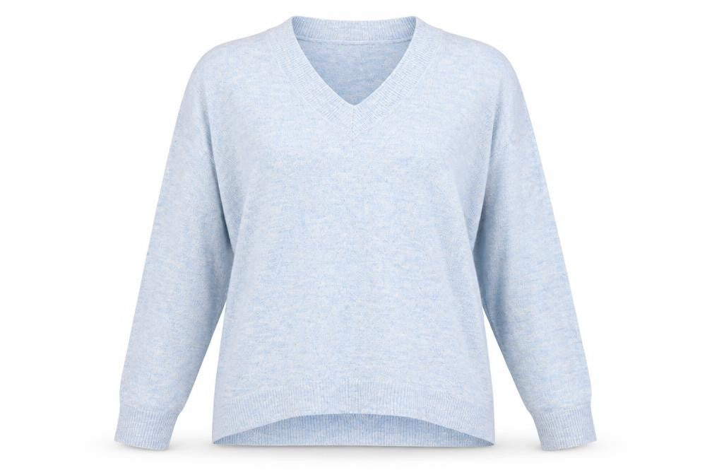 Front view of M&Co women’s blue v-neck acrylic jumper, size M