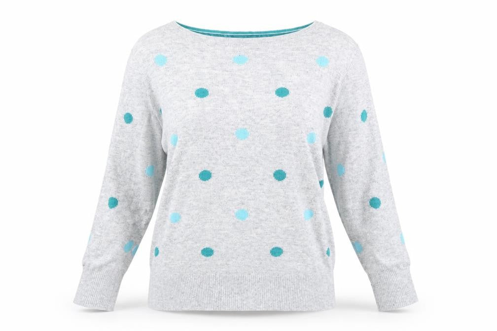 Front view of Maine New England women’s grey round neck polka dot nylon jumper, size UK 12