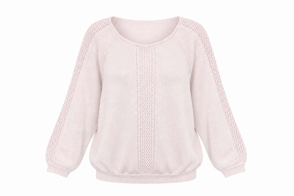 Front view of Marks & Spencer women’s pink round neck polyester jumper, size UK 10