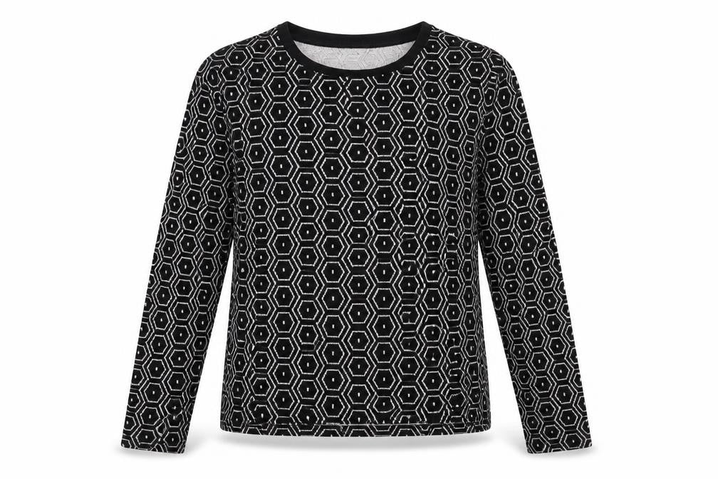Front view of Topshop women’s black round neck geometric polyester jumper, size UK 10