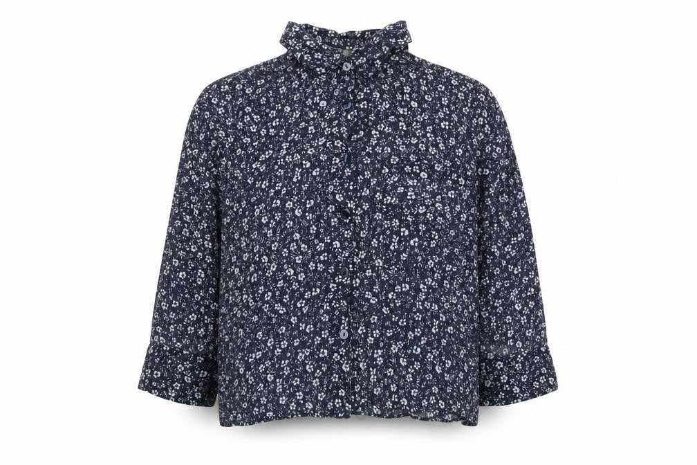 Pull&Bear Womens Blue Floral Viscose Cropped Blouse Size S Collared