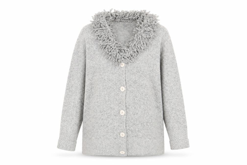 Front view of Text women’s grey roll neck polyester cardigan jumper, size M