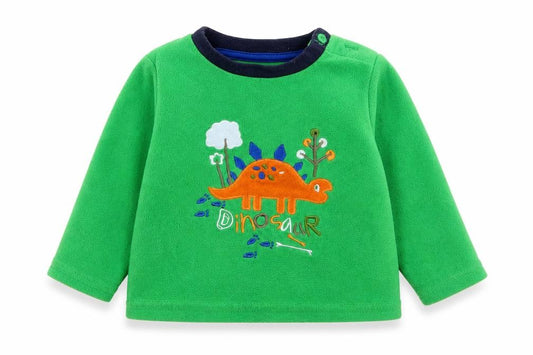 Front view of Early Days Baby Green Polyester jumper, size 6-9, Months Button - Dinosaur
