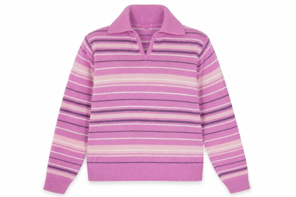 Front view of EWM women’s pink collared striped acrylic jumper, size L