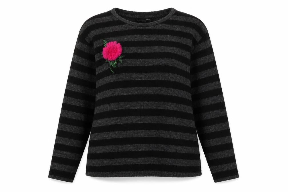 Front view of Zara women’s grey round neck striped polyester jumper, size M