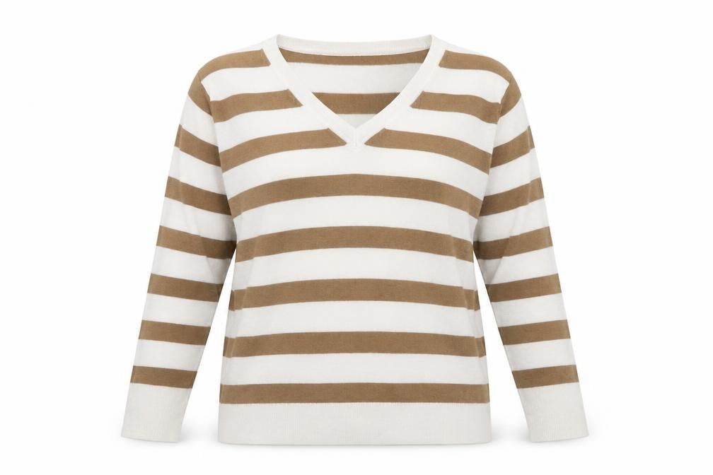 Front view of Primark women’s beige v-neck striped polyester jumper, size UK 12