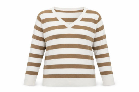 Front view of Primark women’s beige v-neck striped polyester jumper, size UK 12