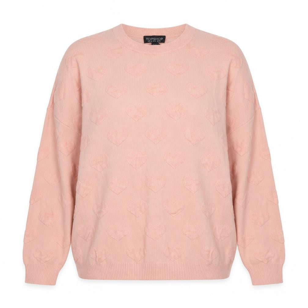 Front view of Topshop women’s pink round neck viscose jumper, size UK 10