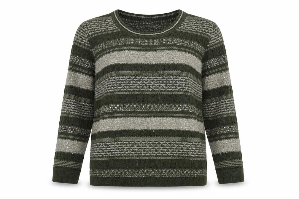 Front view of MONA women’s green round neck striped cotton jumper, size UK 14