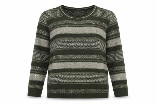 Front view of MONA women’s green round neck striped cotton jumper, size UK 14