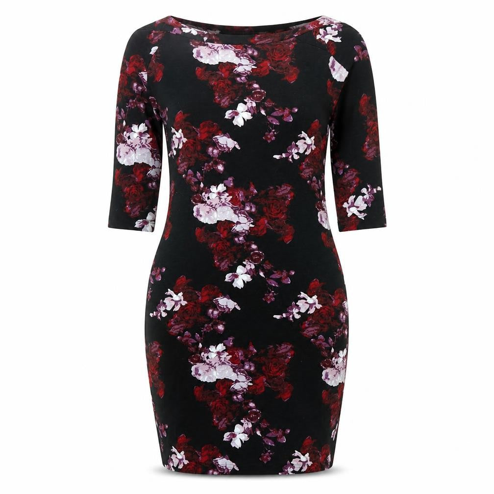 Front view of Atmosphere women’s multicoloured floral cotton bodycon, size UK 10, boat neck