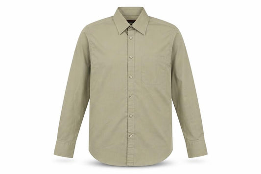 Front view of Burton men’s brown polyester button-up, size 14.5 collared button