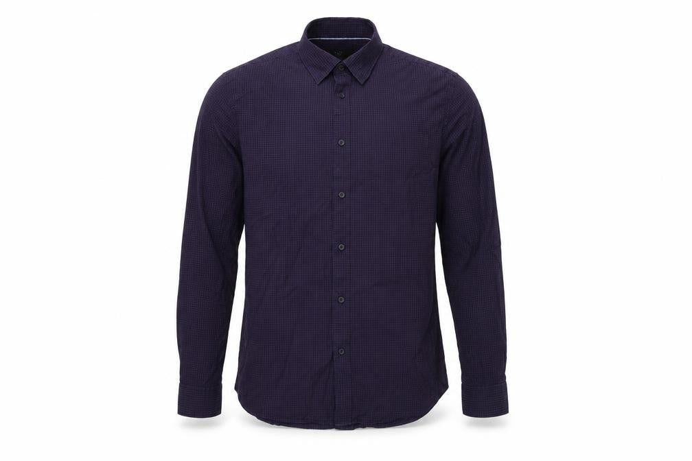 Front view of Marks & Spencer men’s purple plaid cotton button-up, size M, collared button