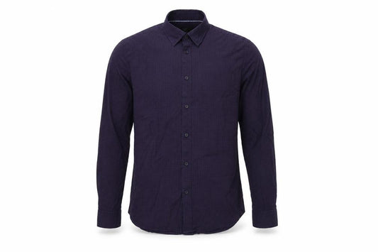 Front view of Marks & Spencer men’s purple plaid cotton button-up, size M, collared button