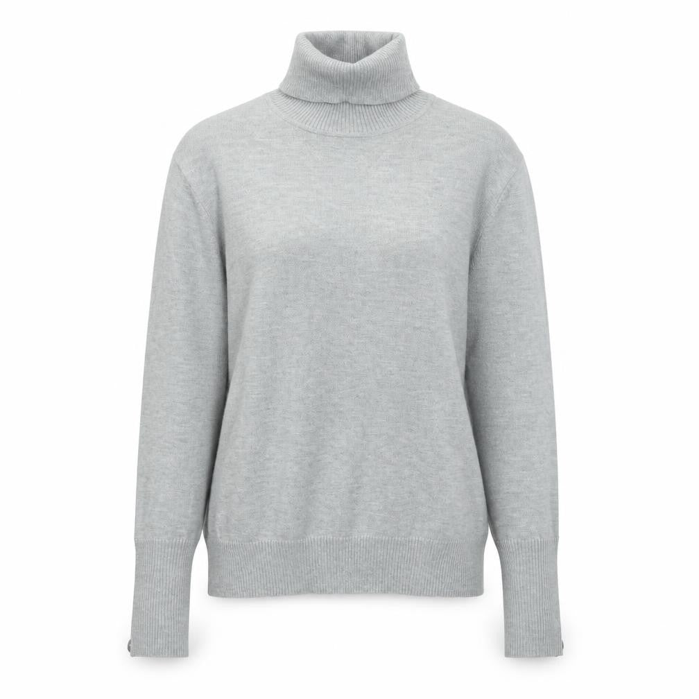 Front view of Savida women’s grey roll neck viscose jumper, size S