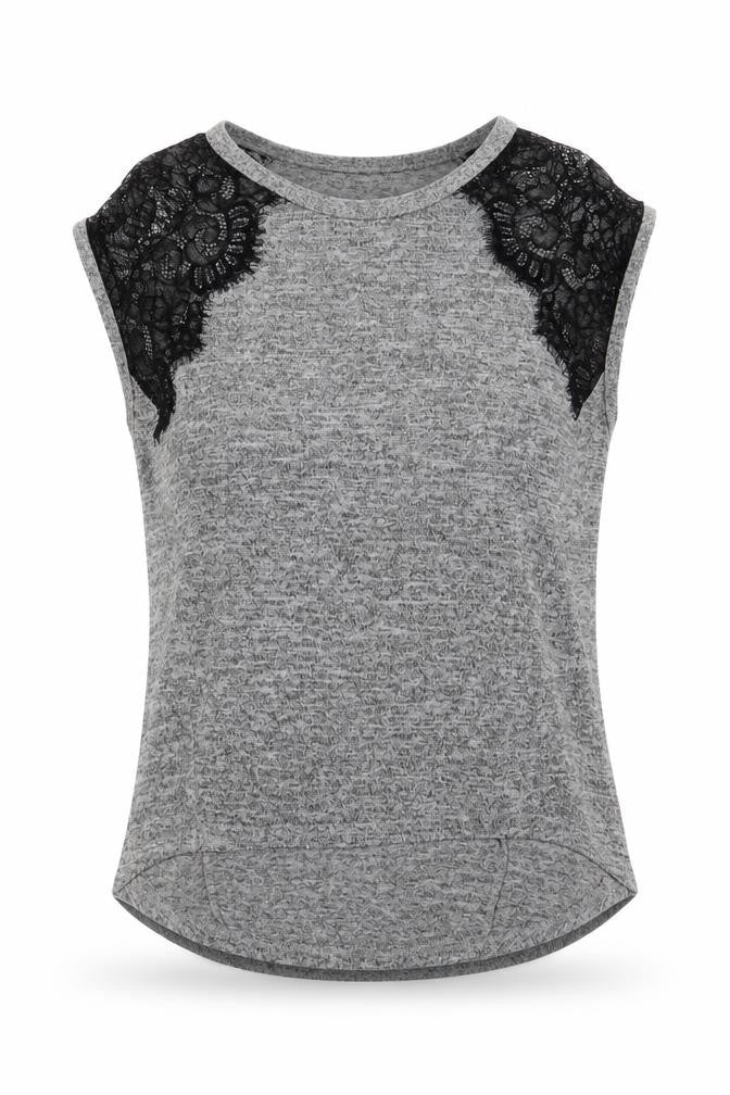 Front view of Miss Selfridge women’s grey polyester basic t-shirt, size UK 6, boat neck