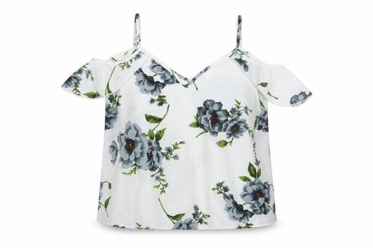 Front view of Preworn women’s white floral polyester basic blouse, size L, v-neck