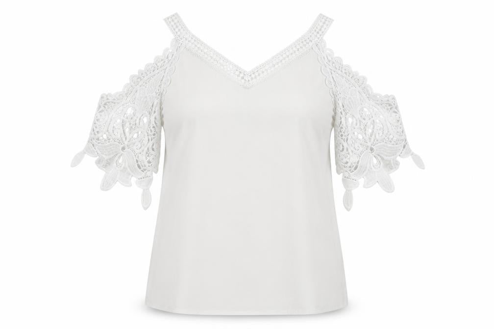 Front view of Preworn women’s white polyester basic blouse, size L, v-neck