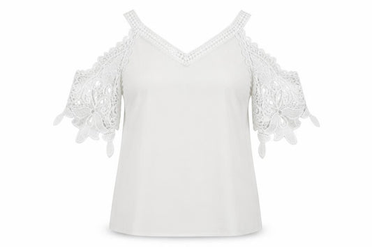 Front view of Preworn women’s white polyester basic blouse, size L, v-neck