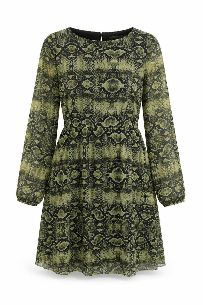 Front view of Copperose women’s brown animal print polyester a-line, size M, boat neck button