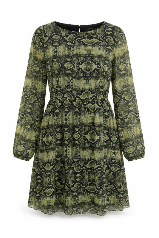 Front view of Copperose women’s brown animal print polyester a-line, size M, boat neck button