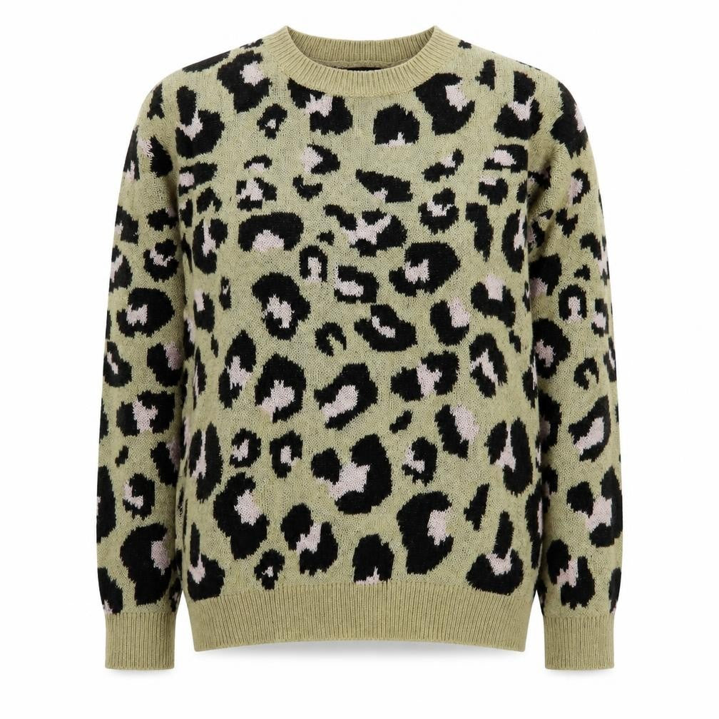 Front view of Maglia women’s brown round neck animal print acrylic jumper, size L