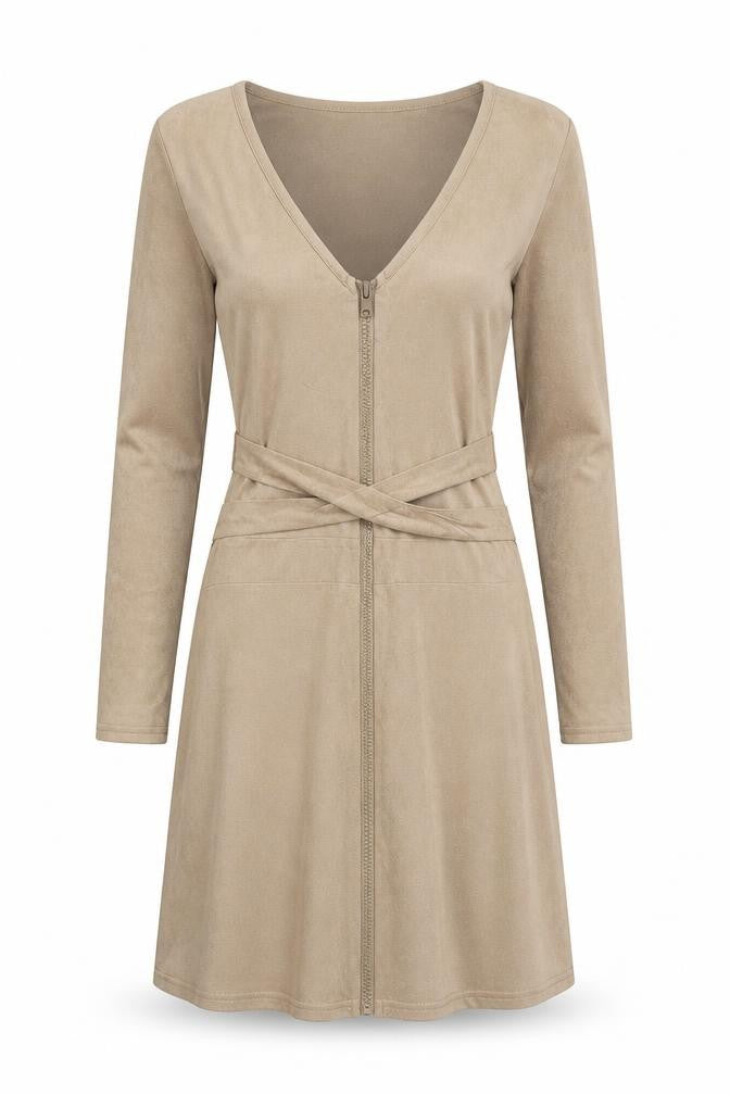 Front view of HOT!MESS women’s beige polyester bodycon, size XS, v-neck zip