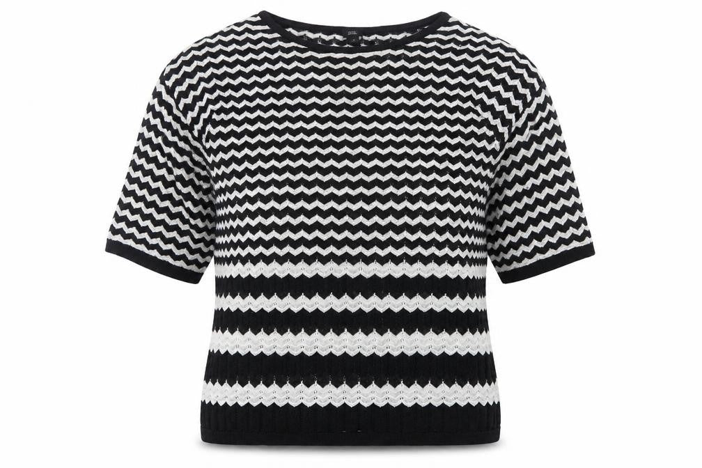 Front view of River Island women’s white crew neck striped polyester jumper, size UK 10
