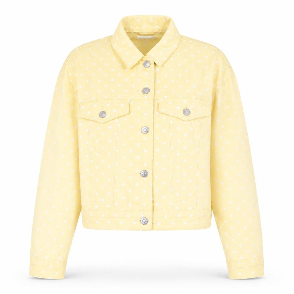 Front view of Topshop women’s yellow polka dot jacket, size UK 8, button