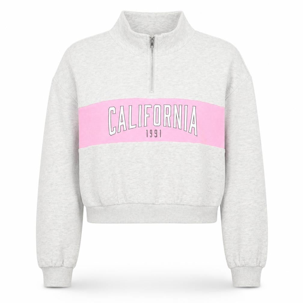Front view of H&M women’s grey cotton pullover sweatshirt, size S, zip - california