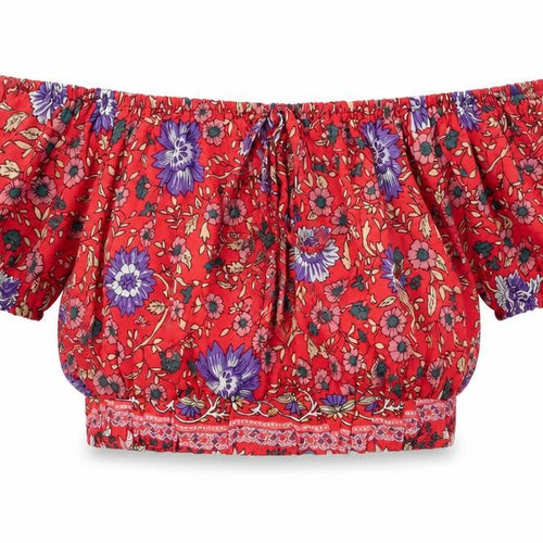 PARISIAN SIGNATURE Womens Red Floral Viscose Cropped T-Shirt Size 10 Off the Shoulder