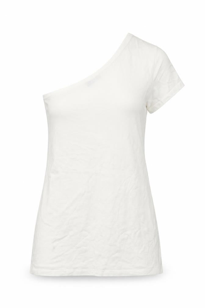 Front view of Bershka women’s white polyester basic blouse, size S, one shoulder