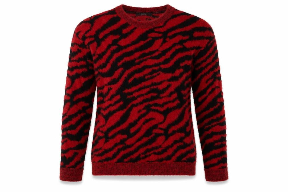 Front view of George women’s red crew neck animal print polyamide jumper, size UK 8