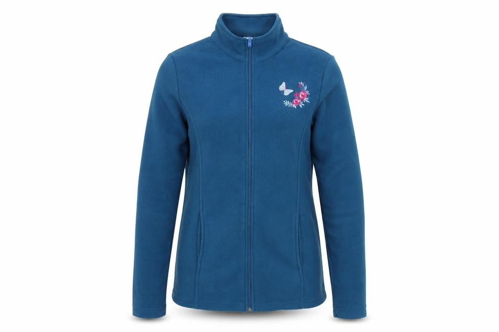 Front view of Alisson Vallee women’s blue polyester full zip sweatshirt, size S, zip