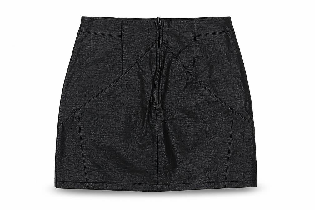 Front view of H&M women’s black polyurethane mini skirt, size UK 10, zip