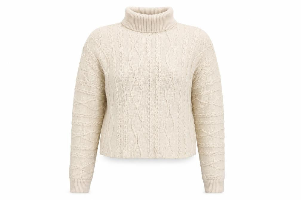 Front view of F&F women’s beige roll neck polyester jumper, size UK 6