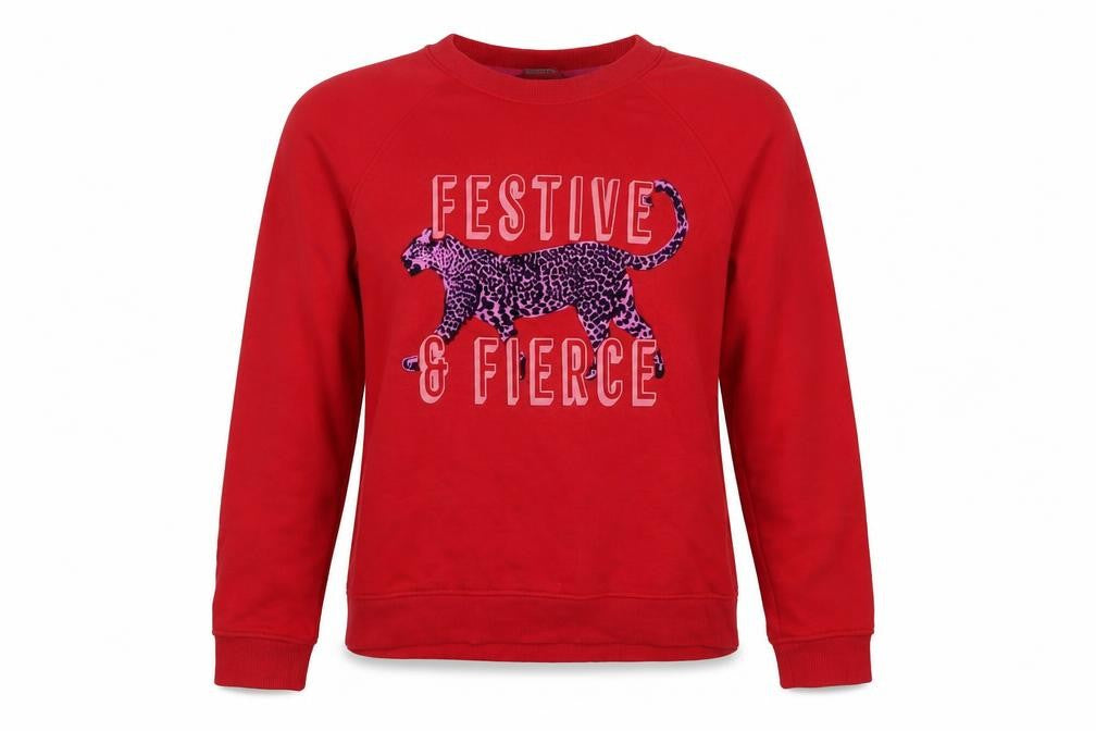 Front view of Nutmeg women’s red cotton pullover sweatshirt, size UK 8, pullover - festive & fierce