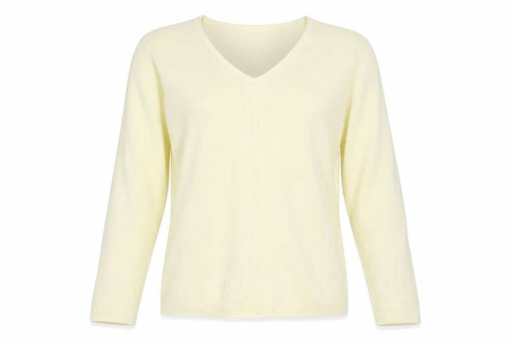 Front view of Debbie Morgan women’s yellow v-neck acrylic jumper, size M