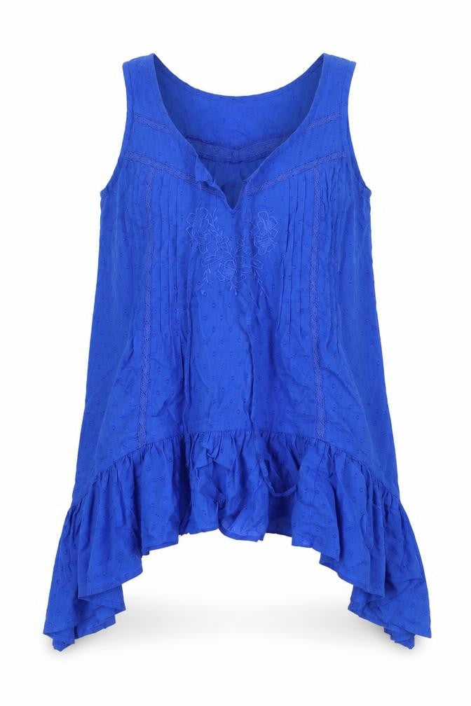 Front view of Monsoon women’s blue cotton basic tank, size UK 8, v-neck