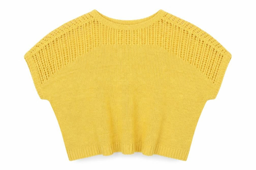 Front view of Peacocks women’s yellow round neck acrylic jumper, size M