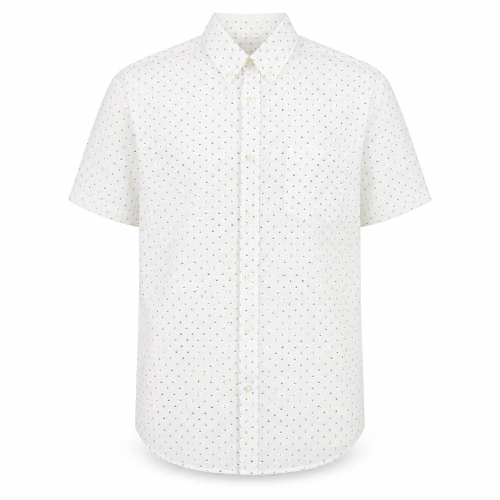 Front view of Matalan men’s white geometric cotton button-up, size M, collared button