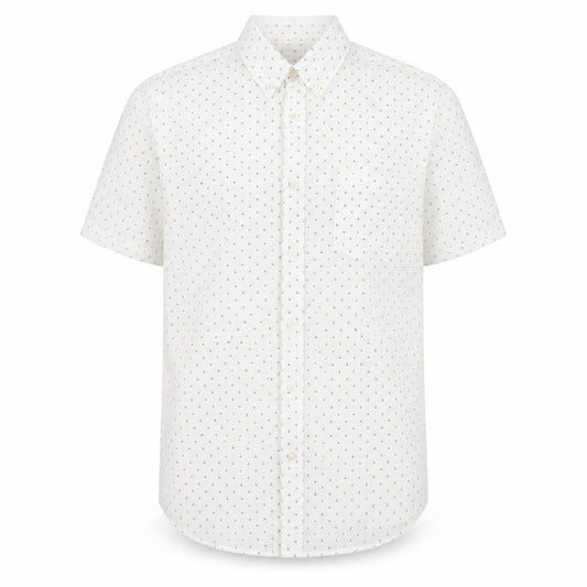 Front view of Matalan men’s white geometric cotton button-up, size M, collared button