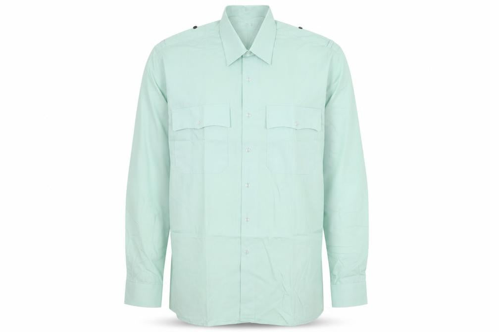 Front view of Preqworn men’s green polyester button-up, size 16, collared button